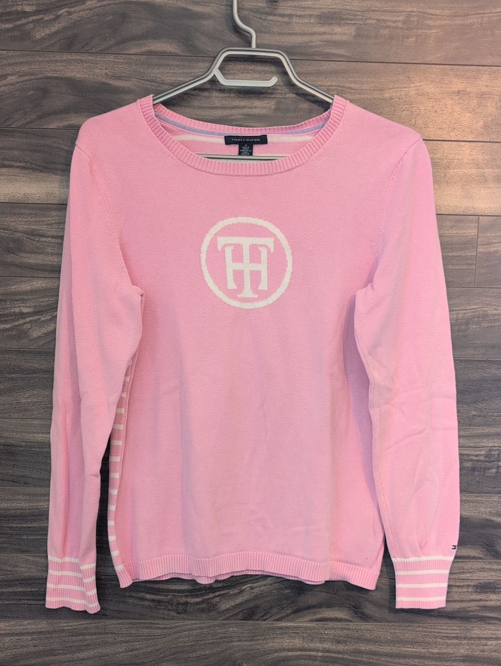 Tommy Hilfiger Pink TH Monogram Crewneck Sweater Striped Back Size Medium